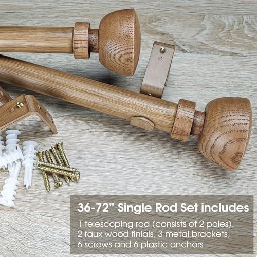 SKYPLUS LIVING Faux Wood Style Curtain Rod Set with Wood Grain Round Finial, 36-72 Inch, Standard Single Drapery Rod for 1 Pack, 1 Inch Diameter, Adju