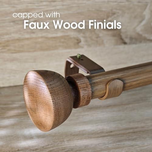 SKYPLUS LIVING Faux Wood Style Curtain Rod Set with Wood Grain Round Finial, 36-72 Inch, Standard Single Drapery Rod for 1 Pack, 1 Inch Diameter, Adju