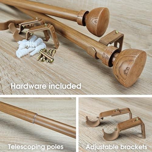 SKYPLUS LIVING Faux Wood Style Curtain Rod Set with Wood Grain Round Finial, 36-72 Inch, Standard Single Drapery Rod for 1 Pack, 1 Inch Diameter, Adju