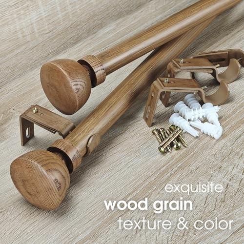 SKYPLUS LIVING Faux Wood Style Curtain Rod Set with Wood Grain Round Finial, 36-72 Inch, Standard Single Drapery Rod for 1 Pack, 1 Inch Diameter, Adju