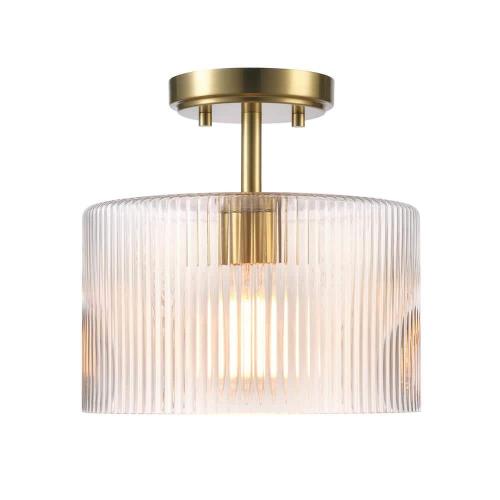 Suzie 1-Light 10 in. Matte Brass Semi-Flush Mount Ceiling Light with Clear Ribbed Glass Shade