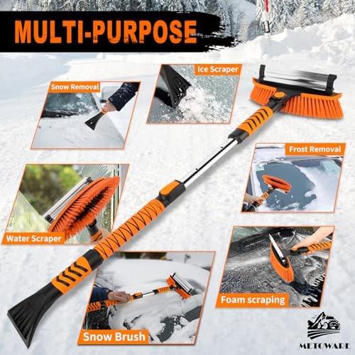 METOWARE 42.2'' Snow Brush and Ice Scrapers for Car Windshield, Extendable Snow Brush for Car with Ergonomic Foam Grip and 360 Pivoting Brush Head for