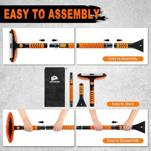 METOWARE 42.2'' Snow Brush and Ice Scrapers for Car Windshield, Extendable Snow Brush for Car with Ergonomic Foam Grip and 360 Pivoting Brush Head for