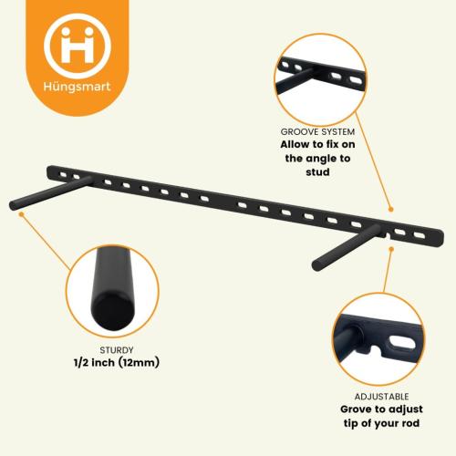 Hungsmart (Set of 4) 22 X 3/4 Inch Floating Shelf Brackets Designed for 1 Inch Thick Custom Shelves Hidden Floating Shelf Hardware (6 Inch Rod) Black