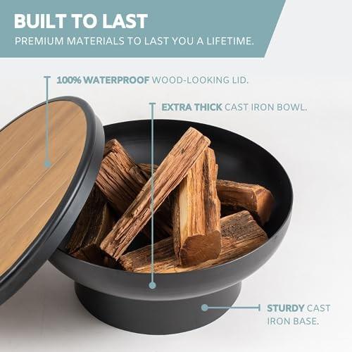 Size 24 DENKOE Iron Fire Pit Table with Lid, Extra Thick and Heavy Duty Fire Bowl, Deep Round Firepit for Outdoor Bonfire Gatherings, Wood Burning Firepits