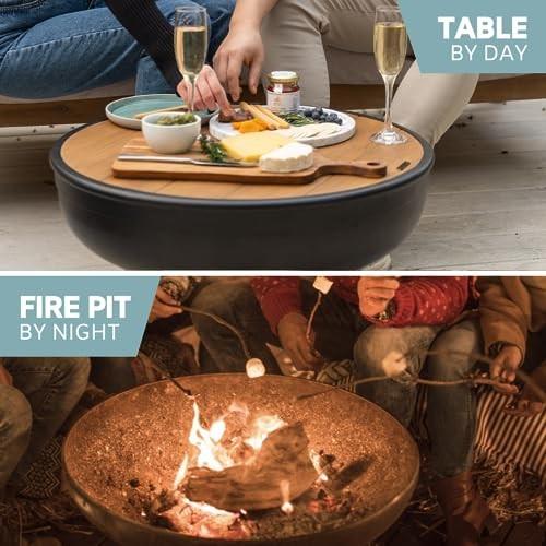 Size 24 DENKOE Iron Fire Pit Table with Lid, Extra Thick and Heavy Duty Fire Bowl, Deep Round Firepit for Outdoor Bonfire Gatherings, Wood Burning Firepits
