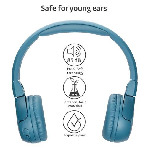 Color Blue POGS Kids Bluetooth Wireless Headphones | the Gecko 2 | Foldable, Durable Headphones for Kids 3  | Volume Limited 85 DB, Microphone | on-Ear | Wireles