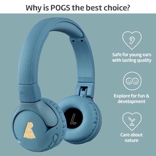 Color Blue POGS Kids Bluetooth Wireless Headphones | the Gecko 2 | Foldable, Durable Headphones for Kids 3  | Volume Limited 85 DB, Microphone | on-Ear | Wireles