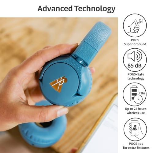 Color Blue POGS Kids Bluetooth Wireless Headphones | the Gecko 2 | Foldable, Durable Headphones for Kids 3  | Volume Limited 85 DB, Microphone | on-Ear | Wireles