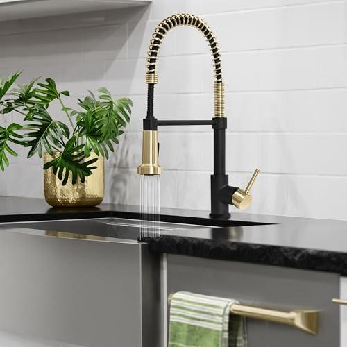 Autograph Edition 20.5 in. Apollo Pull Down Spring Single Handle Kitchen Faucet in Matte Black and Champagne Bronze