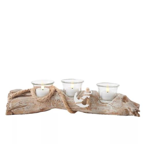 Studio 66 Anchors Centerpiece - Natural Wood Candle Holder & LED Tealights Set, Yellow