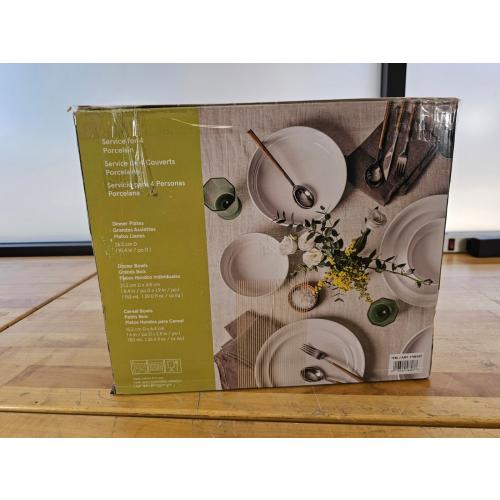 12 PIECE - WHITE - Over&Back Rimmed Glossy Porcelain Dinnerware Plate Bowl Set