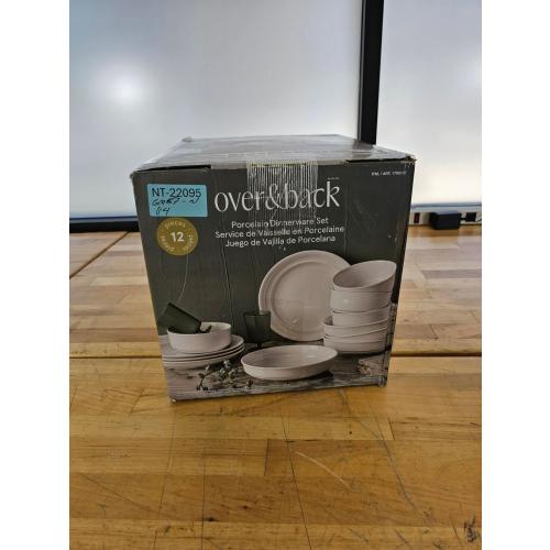 12 PIECE - WHITE - Over&Back Rimmed Glossy Porcelain Dinnerware Plate Bowl Set