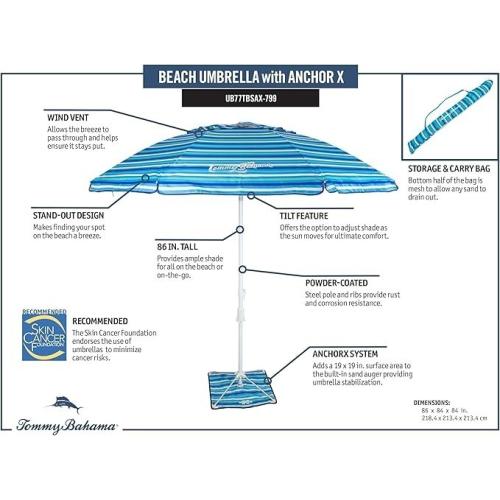 Tommy Bahama ANCHORX 7.5’ Beach Umbrella System, Blue Stripes - Lightweight Easy