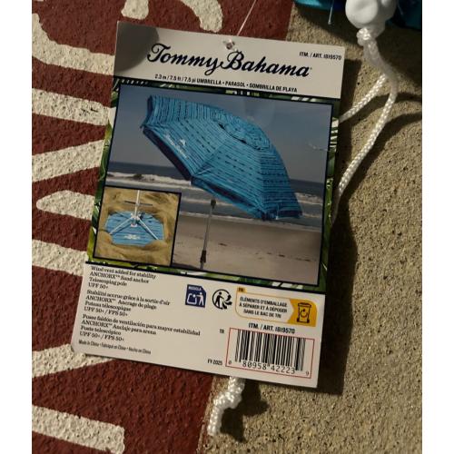 Tommy Bahama ANCHORX 7.5’ Beach Umbrella System, Blue Stripes - Lightweight Easy