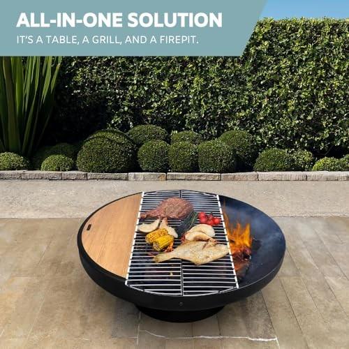 DENKOE  Round Fire Pit Table with Fire Pit Grill, Extra Thick, Heavy Duty Fire Bowl, Deep Outdoor Firepit, Wood Burning Firepits for Outside Pa