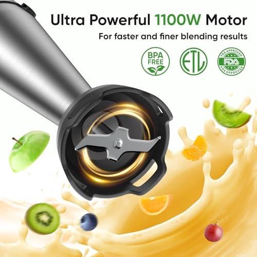Immersion Blender Handheld 1100W 3 in 1 Corded Stick Hand Blenders for Kitchen with Trigger Speed Control, with Whisk, Milk Frother Attachemnts, Perfe
