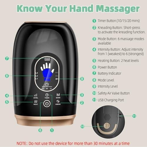 Ealken Hand Massager with Heat and Compression, 6 Holes Finger Stretching Hand Massager for Arthritis and Carpal Tunnel, 6 Levels Pressure Therapy wit