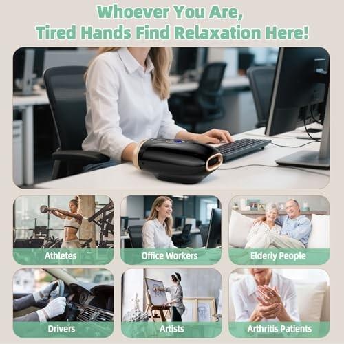 Ealken Hand Massager with Heat and Compression, 6 Holes Finger Stretching Hand Massager for Arthritis and Carpal Tunnel, 6 Levels Pressure Therapy wit