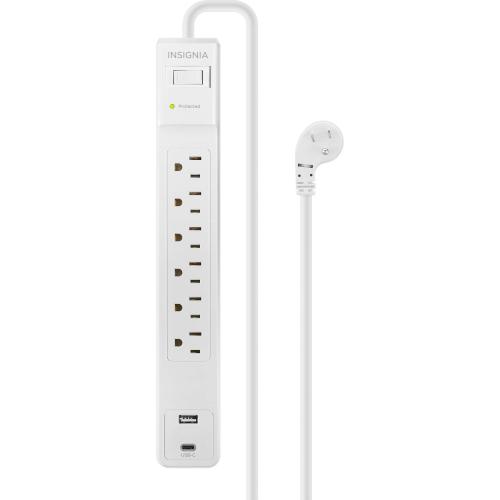 Insignia™ - 6-Outlet / 1-USB-C / 1-USB 1,800 Joules Surge Protector Strip with 6 Ft. Power Cord - White