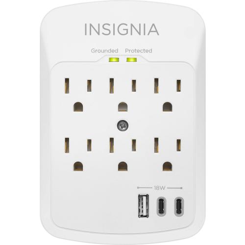 Insignia™ - 6-Outlet / 2-USB-C / 1-USB Wall Tap 1,800 Joules Surge Protector - White
