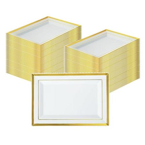 Moderna Rectangle White Plastic Gold-Rimmed Plate - 7 1/2  X 5 1/4  X 1/2  - 70 Count Box