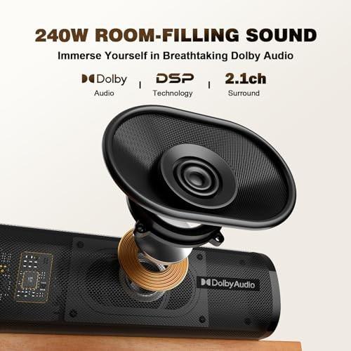 Nylavee Sound Bar - 2.1ch Dolby Audio Soundbar with Subwoofer, 240W High Volume, Wall Mountable 30-inch Bluetooth Sound Bar with HDMI ARC, Optical, an