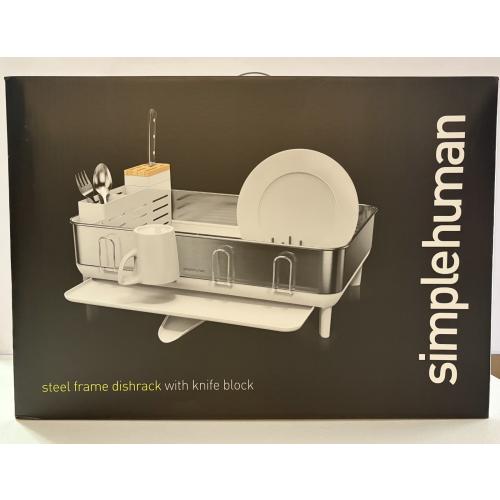 NEW Simplehuman Stainless Steel Frame Dish Drying Rack White with Knife Block