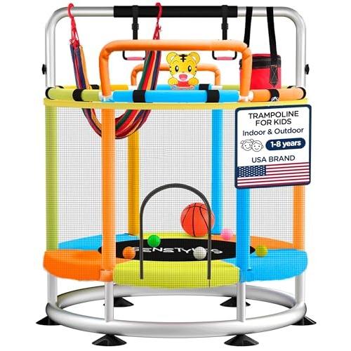 SenStyles Trampoline for Kids with Safety Enclosure Indoor and Outdoor Toddler Trampoline for Kids Anti Rollover Round Base Double Safety Handles 440