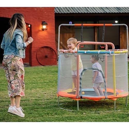 SenStyles Trampoline for Kids with Safety Enclosure Indoor and Outdoor Toddler Trampoline for Kids Anti Rollover Round Base Double Safety Handles 440