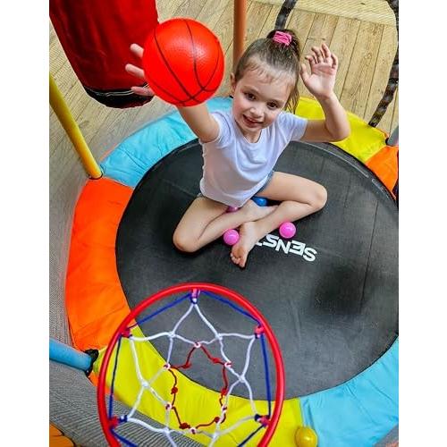 SenStyles Trampoline for Kids with Safety Enclosure Indoor and Outdoor Toddler Trampoline for Kids Anti Rollover Round Base Double Safety Handles 440