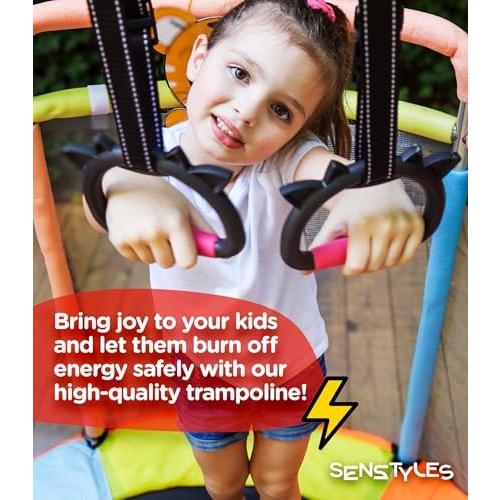 SenStyles Trampoline for Kids with Safety Enclosure Indoor and Outdoor Toddler Trampoline for Kids Anti Rollover Round Base Double Safety Handles 440