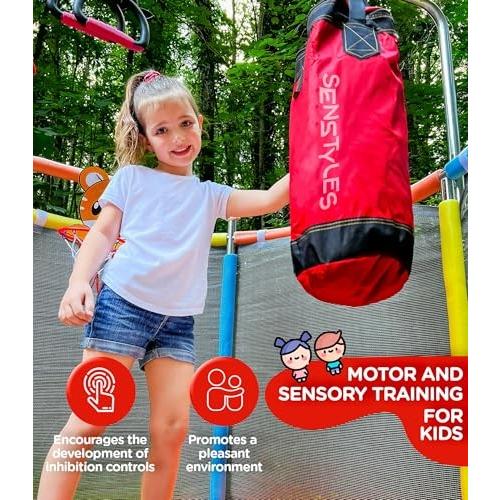 SenStyles Trampoline for Kids with Safety Enclosure Indoor and Outdoor Toddler Trampoline for Kids Anti Rollover Round Base Double Safety Handles 440