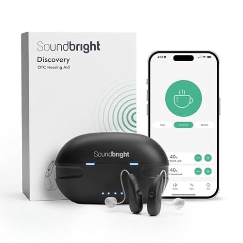 Soundbright Discovery Bluetooth OTC Rechargeable Hearing Aids – 48‑Hour Battery, Phone/Music Compatible, Noise Reduction, RIC Style