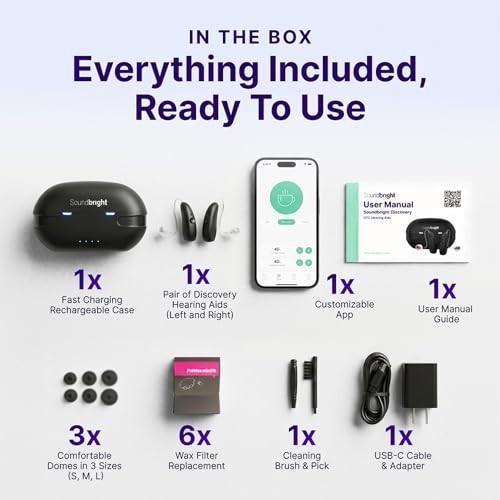 Soundbright Discovery Bluetooth OTC Rechargeable Hearing Aids – 48‑Hour Battery, Phone/Music Compatible, Noise Reduction, RIC Style