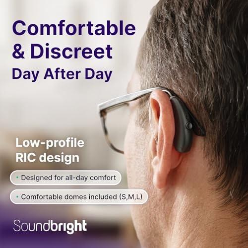 Soundbright Discovery Bluetooth OTC Rechargeable Hearing Aids – 48‑Hour Battery, Phone/Music Compatible, Noise Reduction, RIC Style