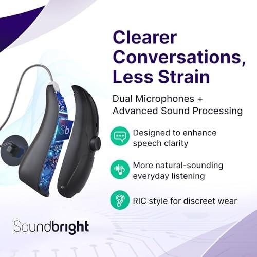 Soundbright Discovery Bluetooth OTC Rechargeable Hearing Aids – 48‑Hour Battery, Phone/Music Compatible, Noise Reduction, RIC Style