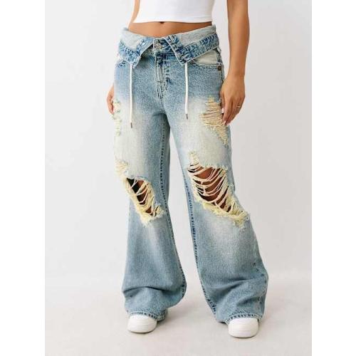 True Religion Women's Bobbi Double Waistband Distressed Baggy Jean Size 24