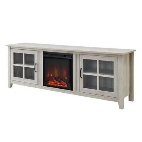 70  Color White Glass Door TV Console with 18  Electric Fireplace Unit in Birch