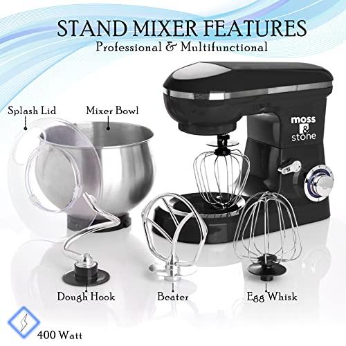 Moss & Stone Stand Mixer, 6 Speed Electric Mixer with 5.5 Quart Stainless Steel Mixing Bowl, Black Body Kitchen Mixer with Dough Hook, Egg Whisk, Beat