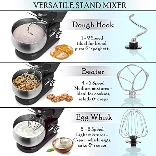 Moss & Stone Stand Mixer, 6 Speed Electric Mixer with 5.5 Quart Stainless Steel Mixing Bowl, Black Body Kitchen Mixer with Dough Hook, Egg Whisk, Beat