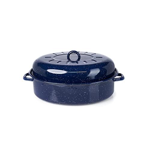 IMUSA USA 18 Traditional Vintage Style Blue Speckled Enamel on Steel Covered Oval Roaster