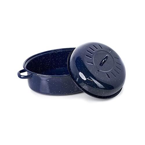 IMUSA USA 18 Traditional Vintage Style Blue Speckled Enamel on Steel Covered Oval Roaster