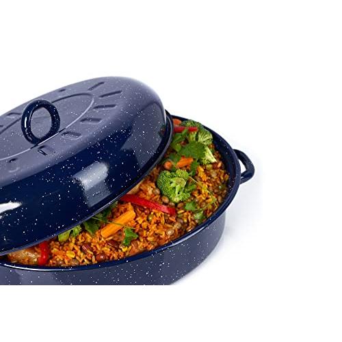 IMUSA USA 18 Traditional Vintage Style Blue Speckled Enamel on Steel Covered Oval Roaster