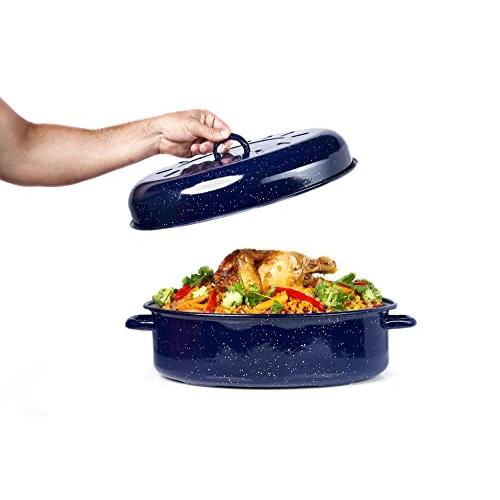 IMUSA USA 18 Traditional Vintage Style Blue Speckled Enamel on Steel Covered Oval Roaster