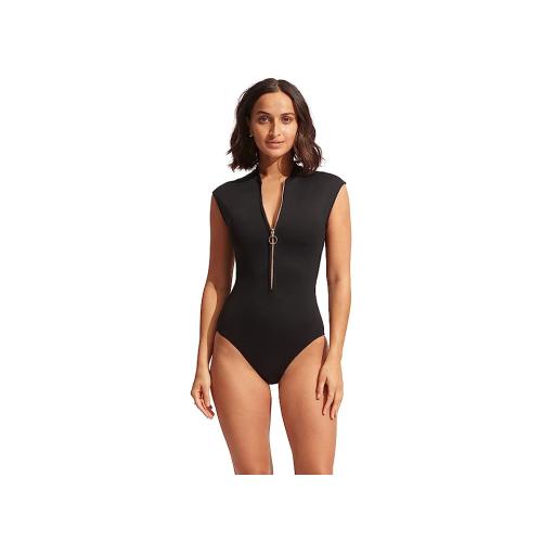Size 14...Seafolly Seafolly Collective Zip Front One-Piece (Black) Women's Swimsuits One Piece