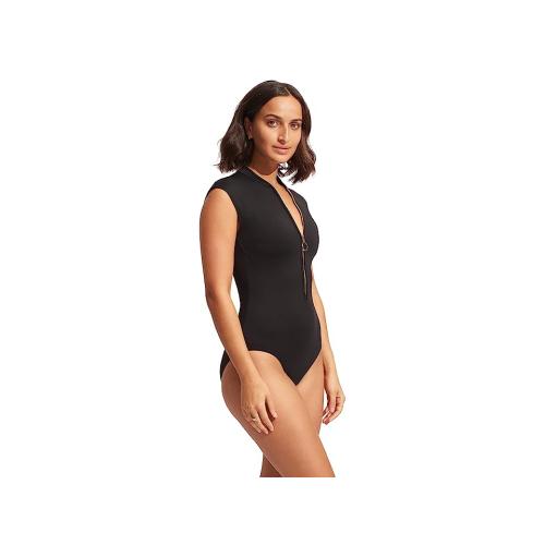 Size 14...Seafolly Seafolly Collective Zip Front One-Piece (Black) Women's Swimsuits One Piece