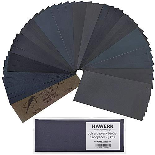 HAWERK Professional Sandpaper 45Pcs. Kit - 80-3000 Grit - Tear Resistant Sand Paper Sheets for Wood  Plastic  Metal and All Types of Surfaces