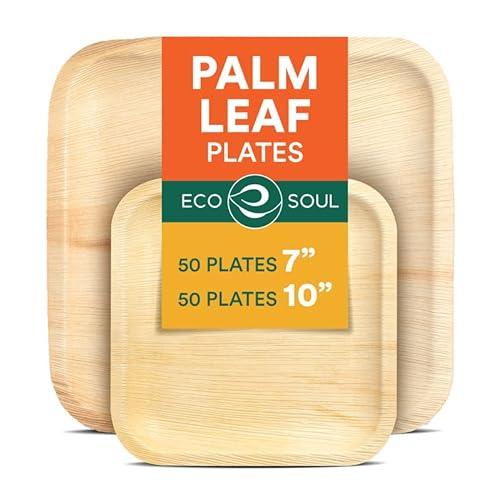 ECO SOUL 100% Compostable 10 Inch & 7 Inch Palm Leaf Plates [100-Pack] I Premium Disposable Plates Set I Heavy Duty Eco-Friendly Bamboo Plates Like I