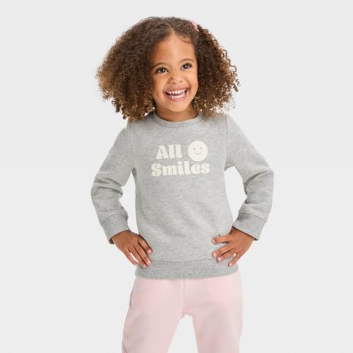 Size 4T Toddler Girls' Fleece Sweatshirt - Cat & Jack™ Gray Cozy Long Sleeve, Crewneck, Typography Design, Cotton Blend